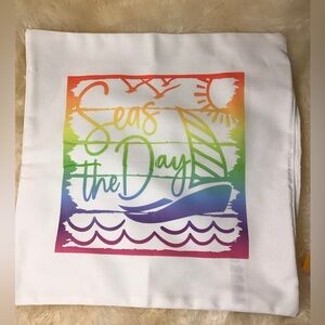 NWT white throw pillow cover with rainbow colors sailboat &  “seas the day”